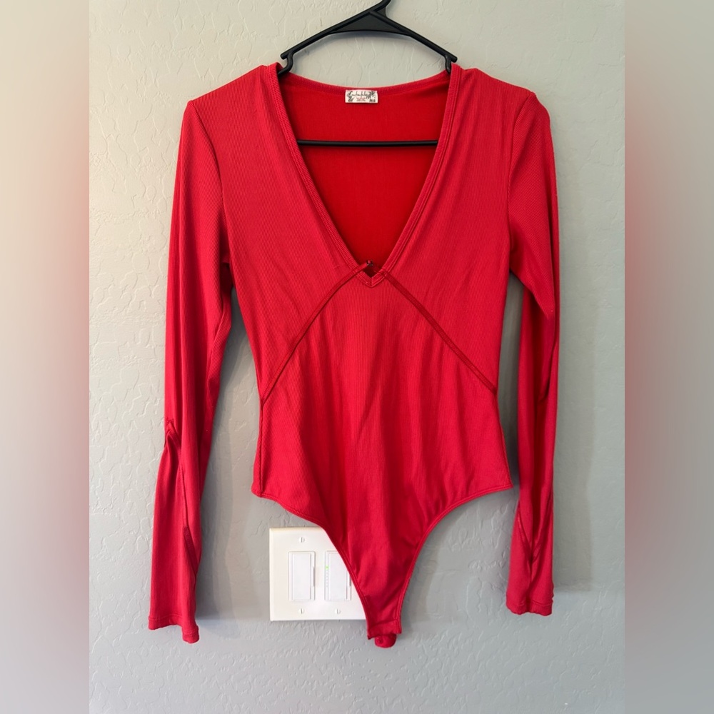 Free People Red Long Sleeve V-Neck Bodysuit
